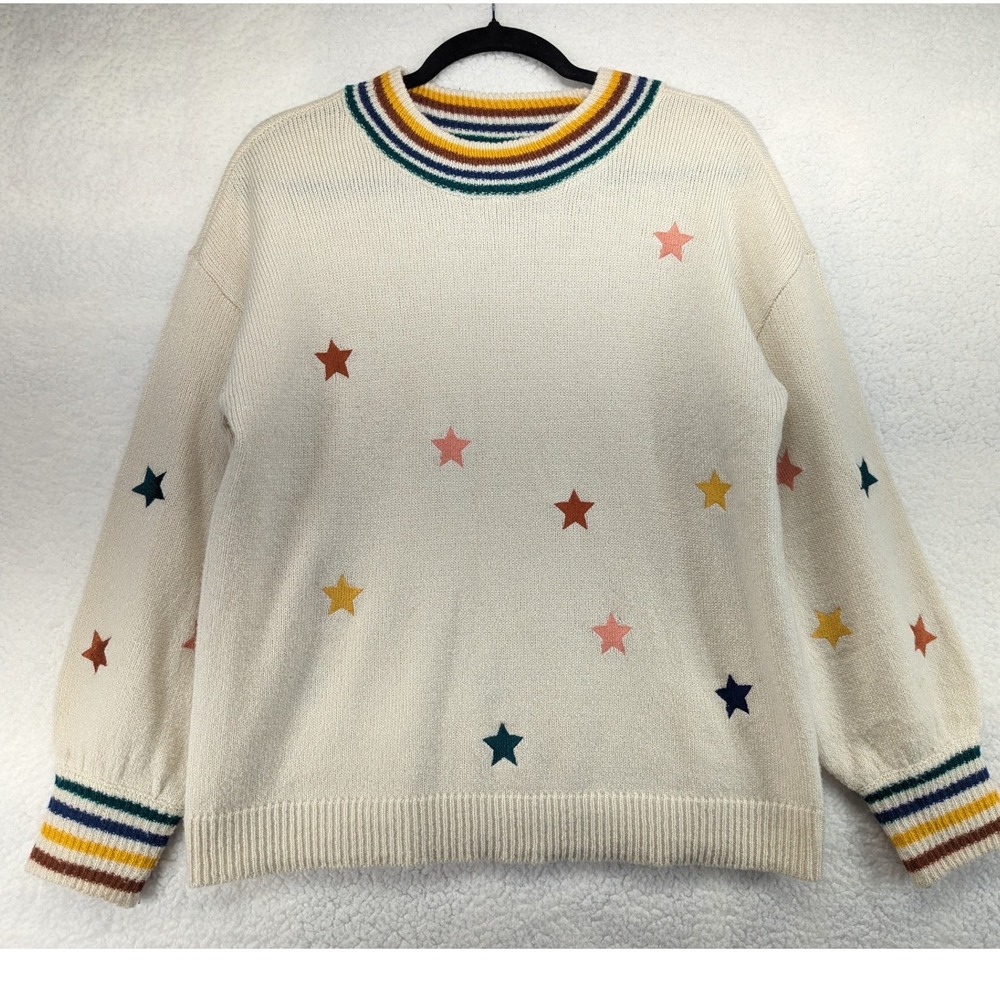 Maurices Womens Medium Cream Star Print Sweater Rainbow Stripe Trim Crew Neck